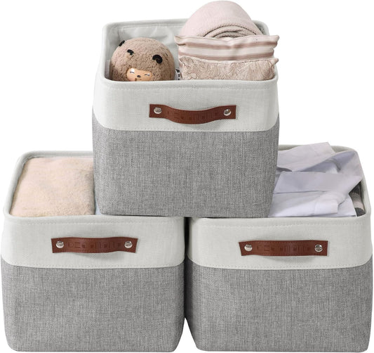 DECOMOMO Storage Baskets for Shelves - Fabric Storage Bins, Linen Closet Organizers and Storage (Grey & White, Large - 3 Pack)
