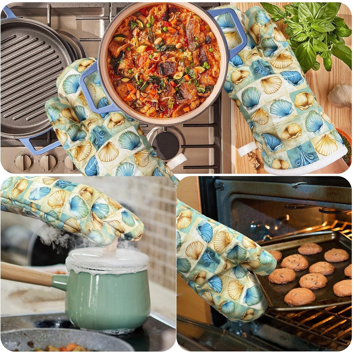 Oven Mitts Gloves 1 Pair Heat Resistant 480 ℉ Non Slip Clear Silicone Printed Shell Comfortable Cotton Lining Kitchen Men Cooking Barbecue Machine Washable (Shell, Beige Mitts)
