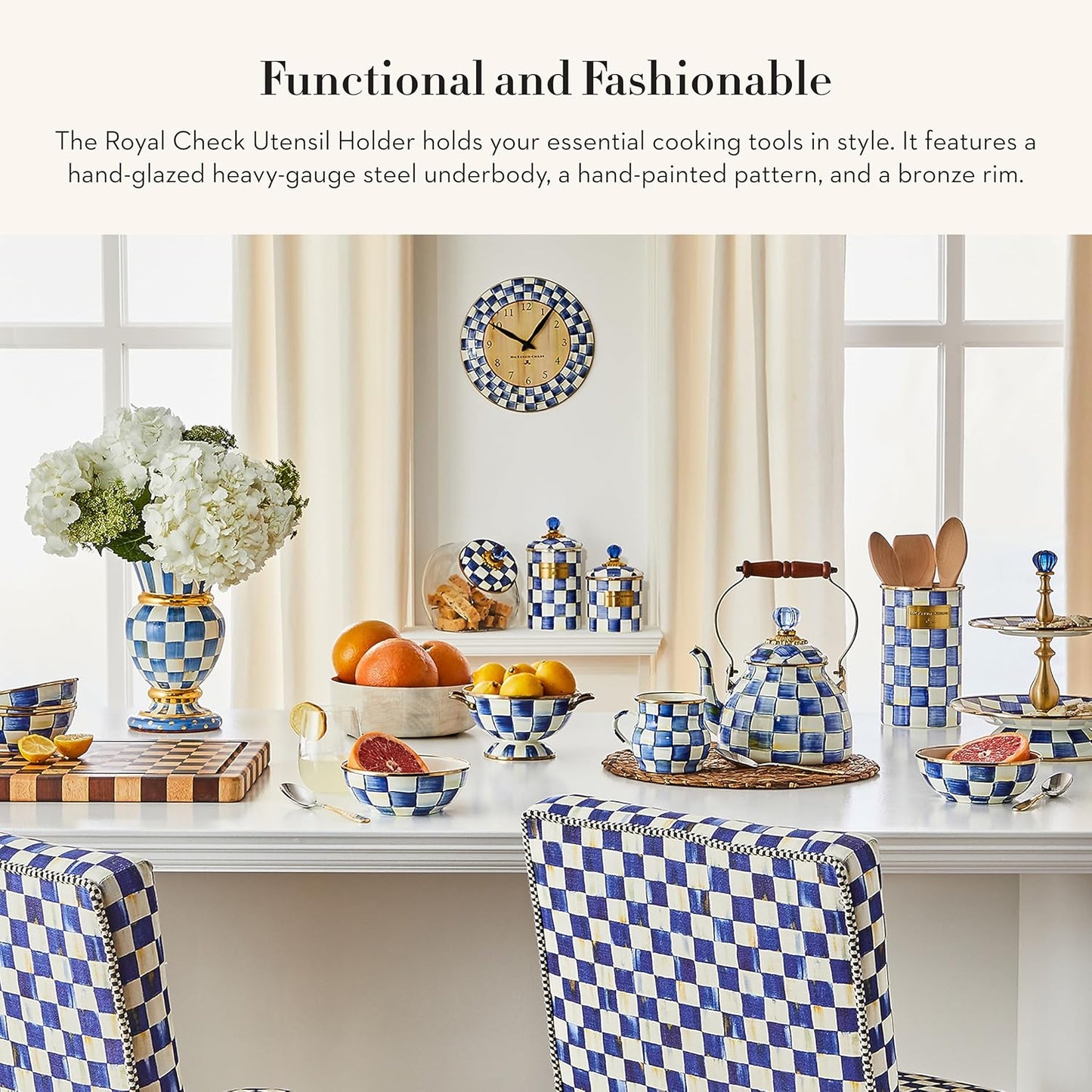 MACKENZIE-CHILDS Enamel Utensil Holder, Kitchen Utensil Holder for Countertop, Storage Caddy, Blue-and-White Royal Check