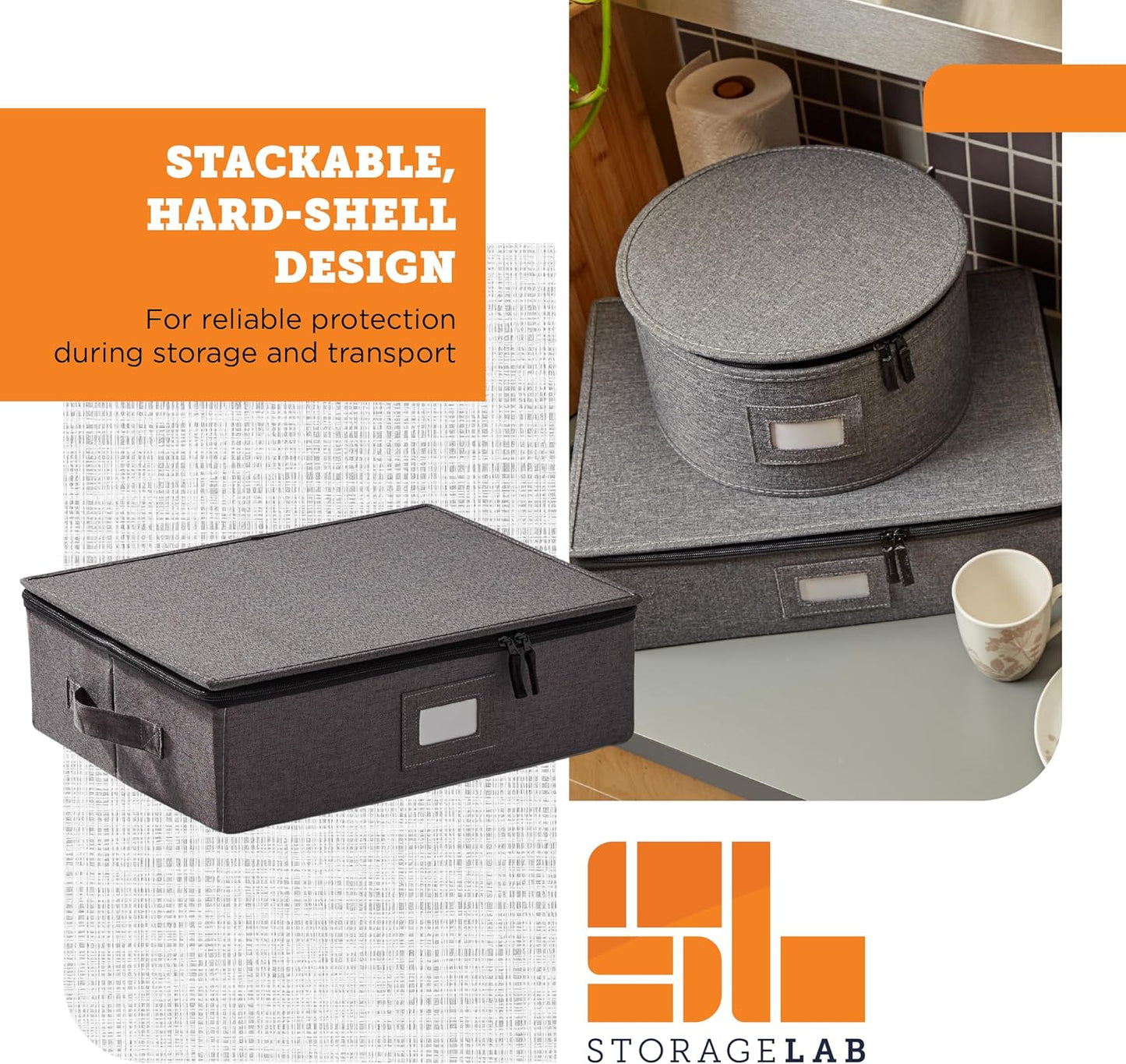 storageLAB Cup and Mug Storage Containers, Hard Shell Storage Case with Felt Dividers for Cups, Mugs, Dishes, and Glasses, Ideal for Kitchen Organizing and Moving Supplies - 1 Pack, Gray