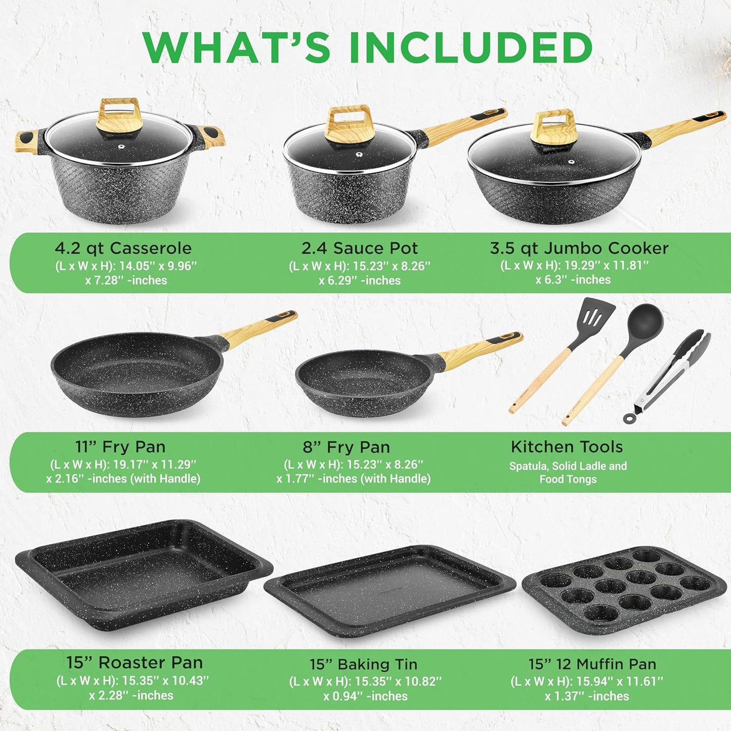NutriChef 22-Piece Black Marble Non-Stick Cookware and Bakeware Set - Professional Home Kitchen Collection with Multi-Sized Pots, Pans, and Heat-Resistant Tools