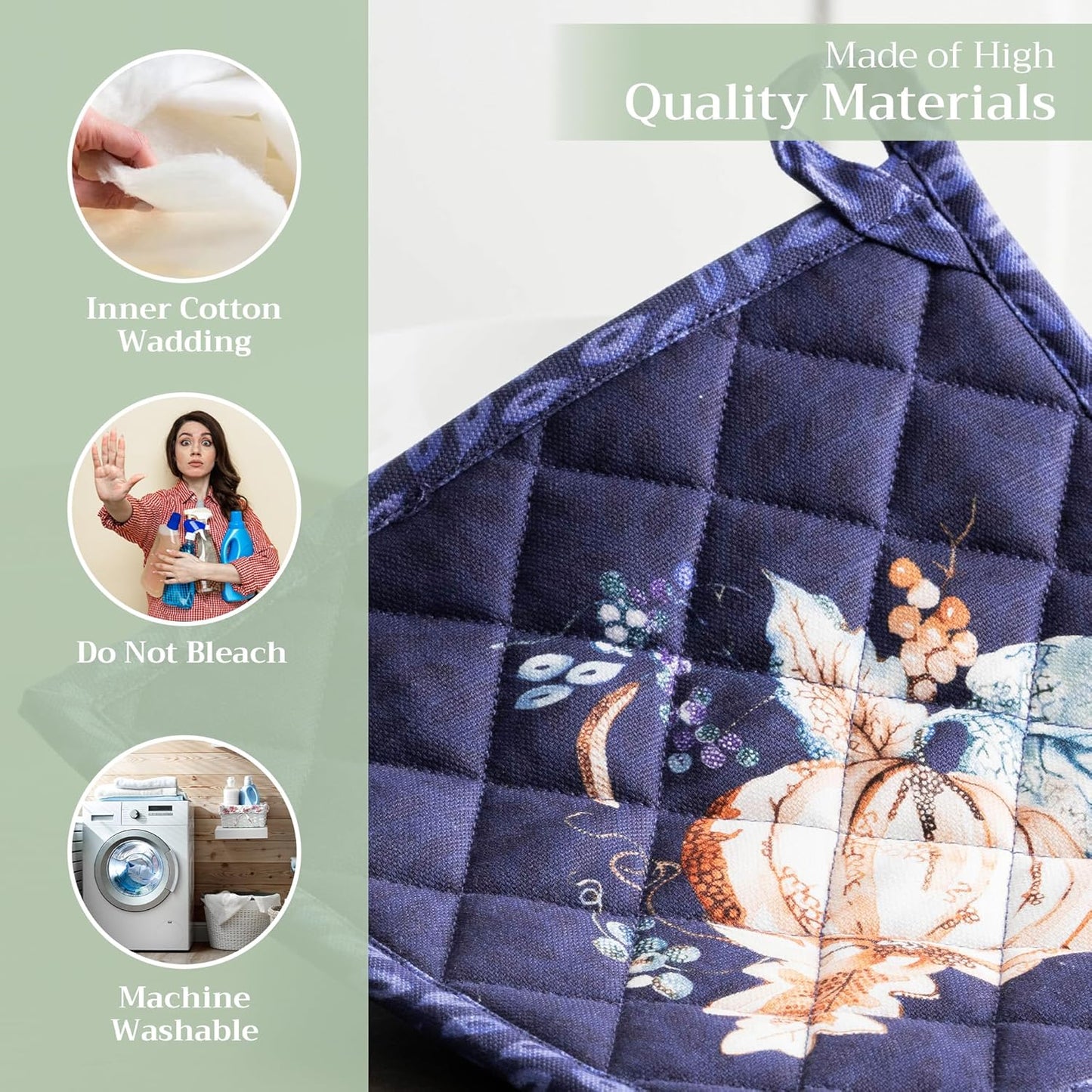 Maison d' Hermine Pot Holders Set 100% Cotton Heat Resistant Potholders 8" x 8" Hot Pads with Loop BBQ, Cooking, Baking, Grilling, Kitchen, Handling Hot Pans (Pack of 2, Pumpkin Blues)