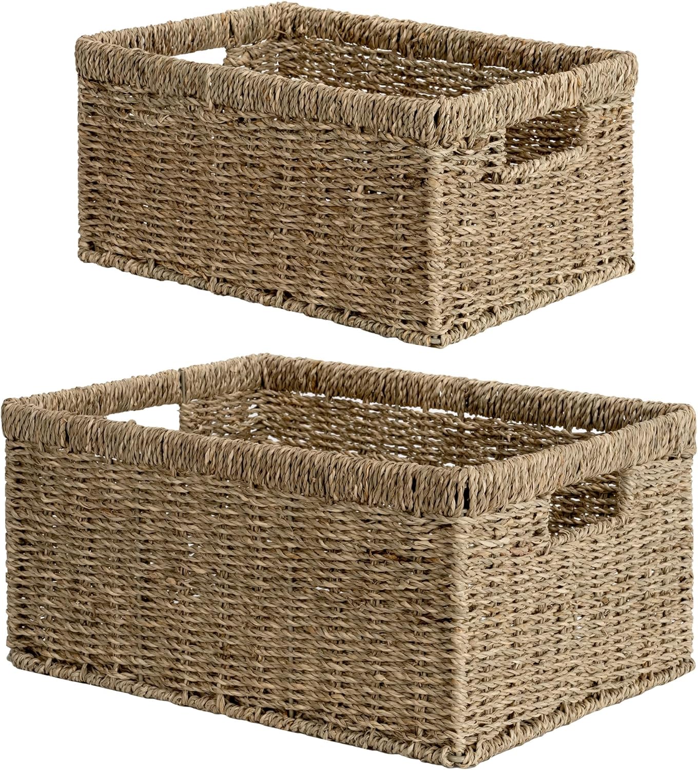 StorageWorks Wicker Storage Baskets, Handwoven Seagrass Basket for Organizing, Decorative Organizers with Built-in Handles, Set of 2