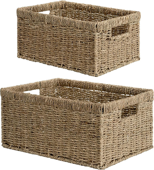 StorageWorks Wicker Storage Baskets, Handwoven Seagrass Basket for Organizing, Decorative Organizers with Built-in Handles, Set of 2