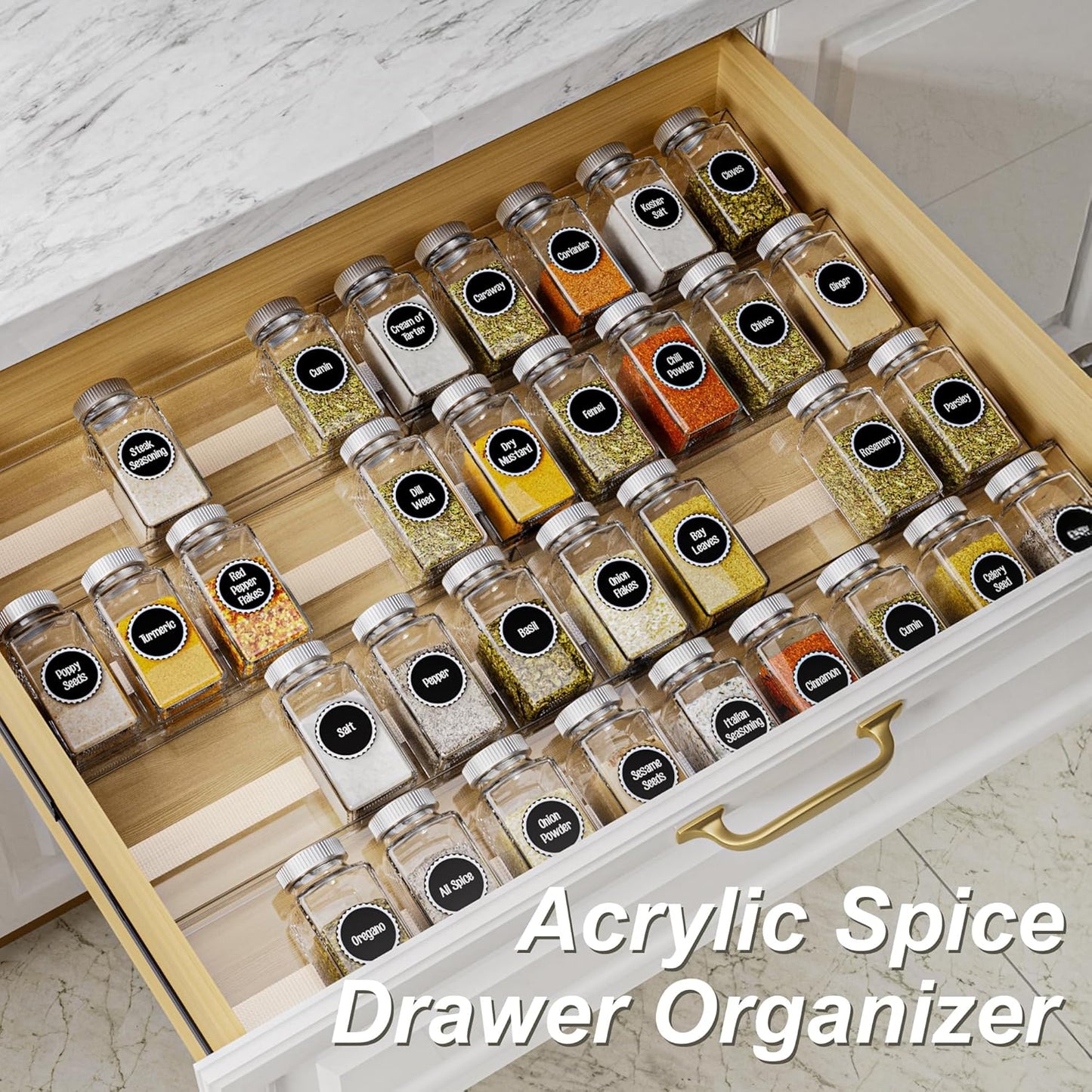MIUKAA Acrylic Spice Drawer Organizer, 4 Tier - 8 Pack Seasoning Organizer for Drawer, Expandable From 13" to 26" Kitchen Drawer Spice Rack with Slip-Proof Mat (Jars not Included)