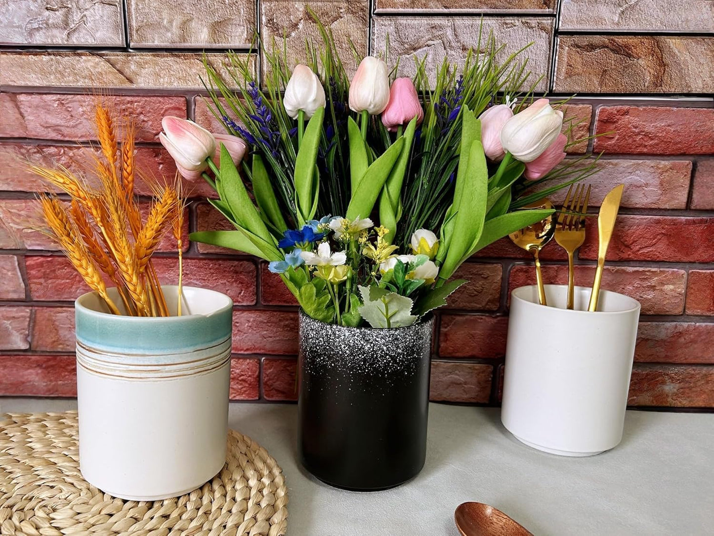 Medium Stoneware Kitchen Utensil Holder for Kitchen Counter Short Cooking Utensil Holder for Countertop Spatula Holder Small Utensil Crock Cutlery Holder Silverware Caddy Flower Vase (Snow Night)