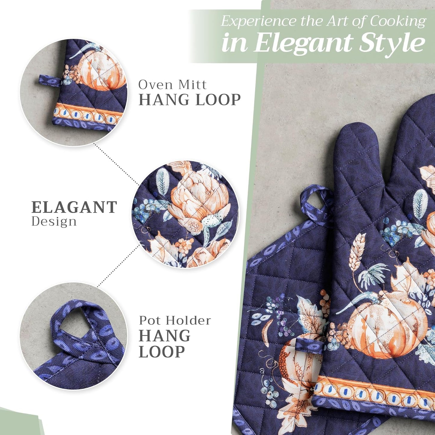 Maison d' Hermine 100% Cotton Oven Mitt & Pot Holder Set (7.5"x13" & 8"x8") Heat Resistant BBQ Cooking Gloves with Loop, Baking, Grilling, Kitchen, Handling Hot Pans (Pumpkin Blues)