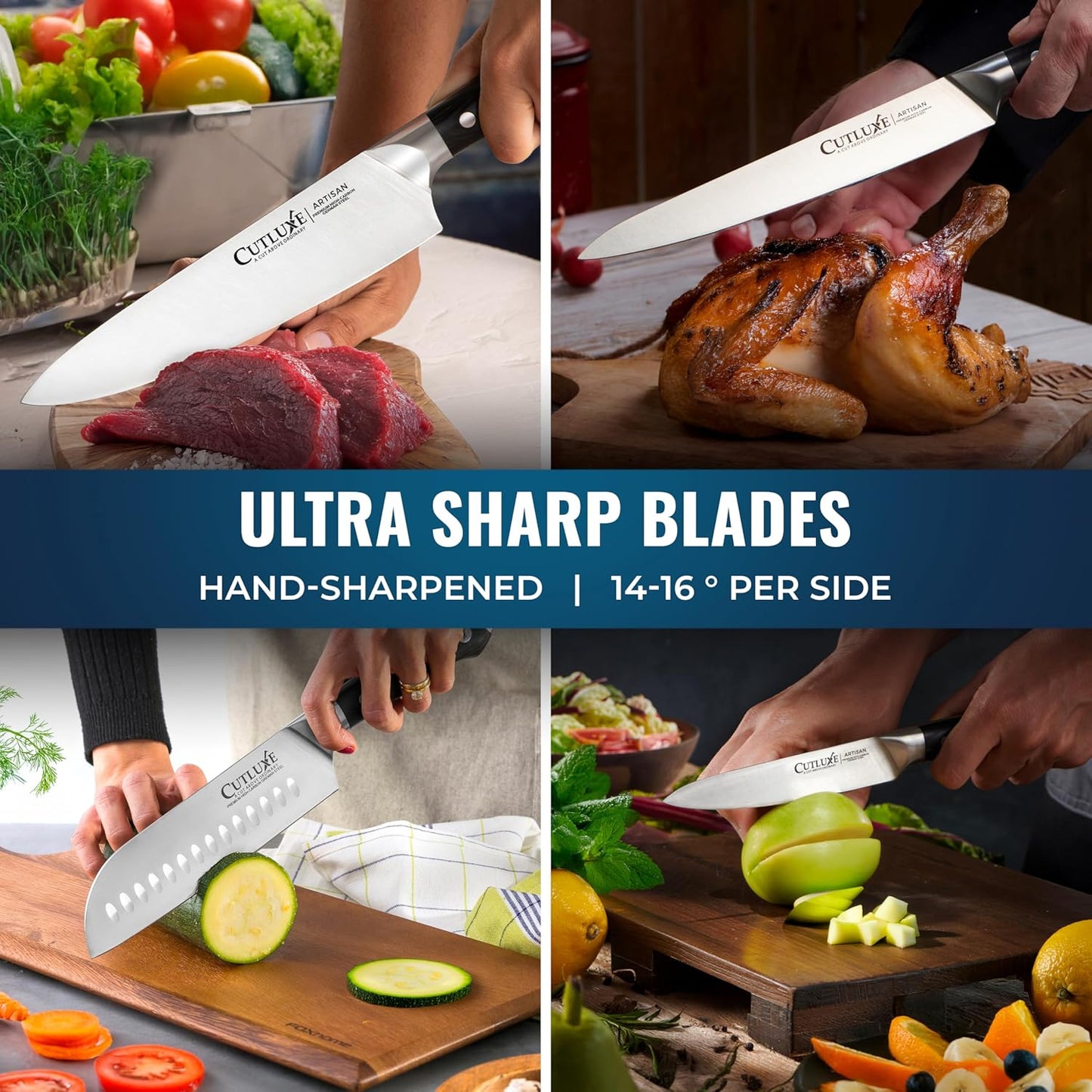 Cutluxe 15-Piece Knife Set – High Carbon German Steel Blades, Full Tang Design & Ergonomic Pakkawood Handles in Walnut Wood Block – Artisan Series