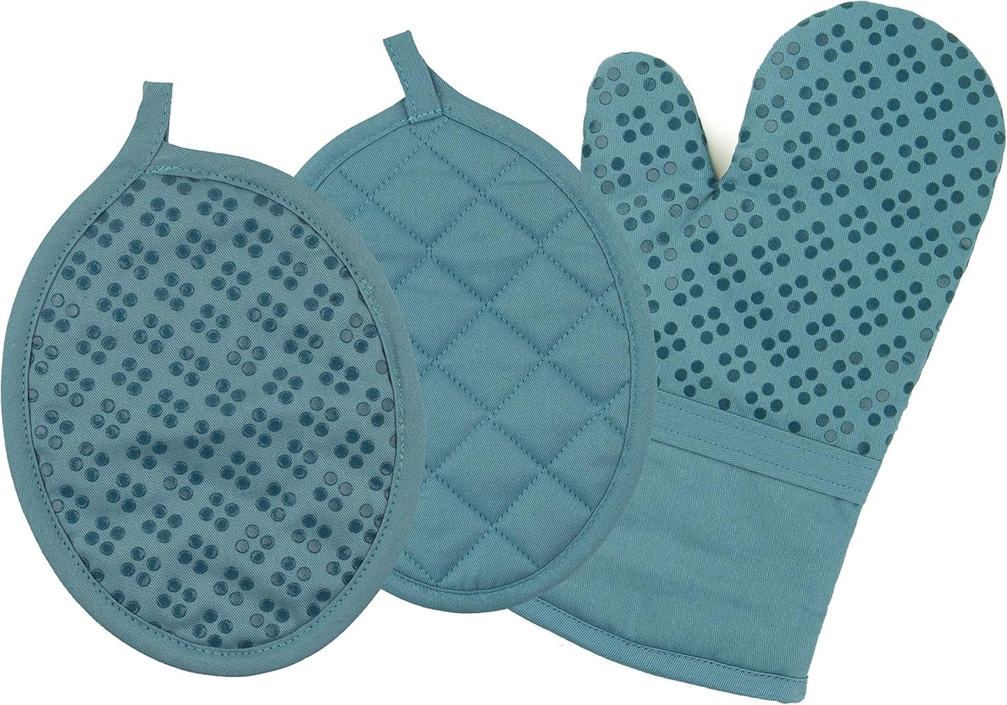 Sticky Toffee Oven Mitt and Pot Holder Set of 3 – Blue Non-Slip Kitchen Hot Pads and Mitts with Silicone Grip, 100% Cotton Shell, Oeko-Tex Cotton