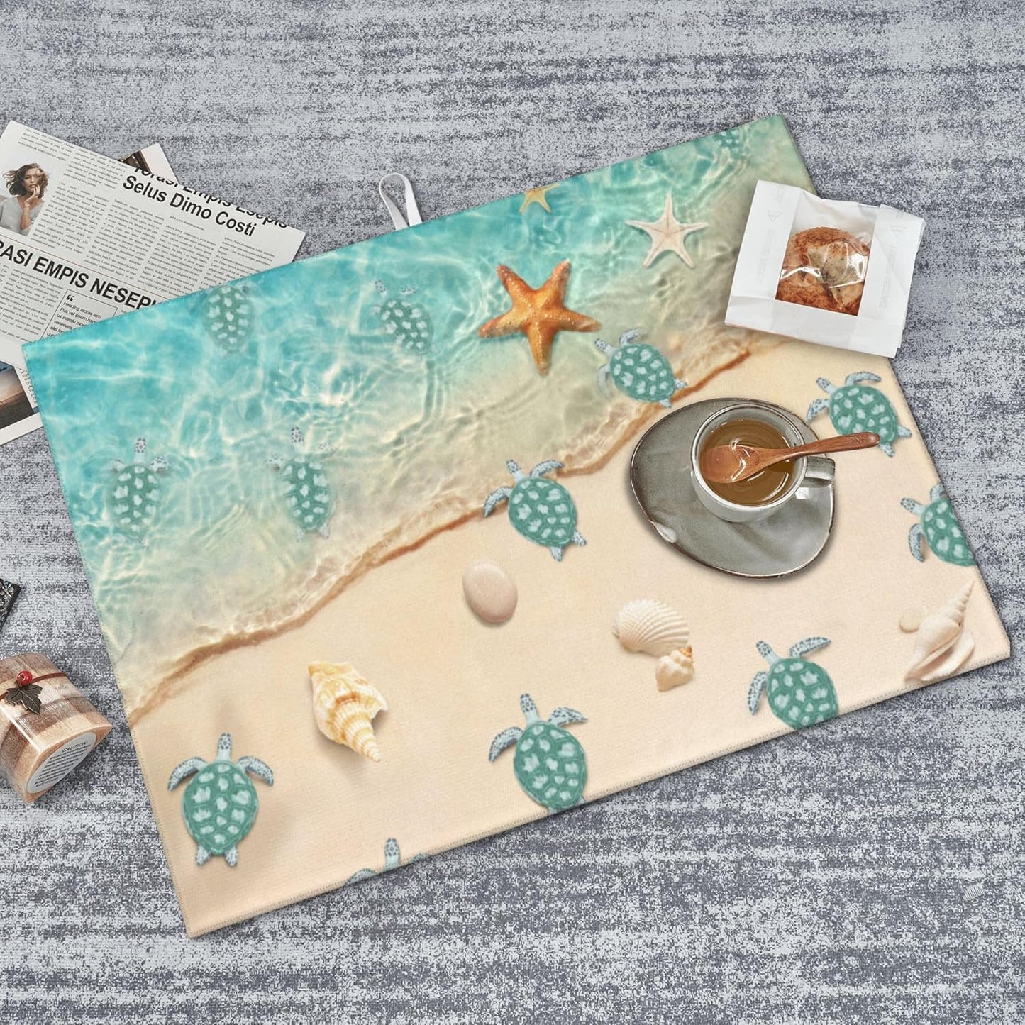 Sea Turtles Beach Dish Drying Mat for Kitchen Counter Cute Drying Pad 18x24 Inch Teal Nautical Decor Absorbent Reversible Dish Drainer Rack Mats
