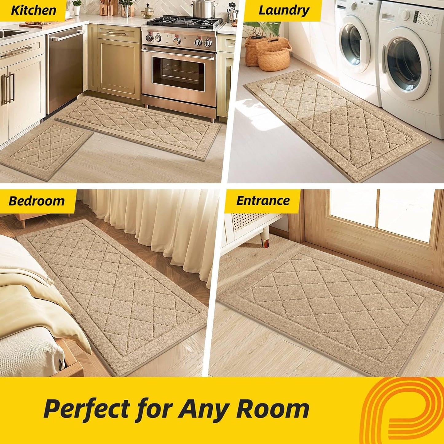 JSEI Non-Slip Kitchen Rugs, Self Adhesive No Sliding Kitchen Mats Set of 2, Soft Washable Absorbent Floor Mat for Kitchen, Bathroom, Laundry Room, Bedroom, 20”x32”+20”x48”, Beige, Diamond Pattern