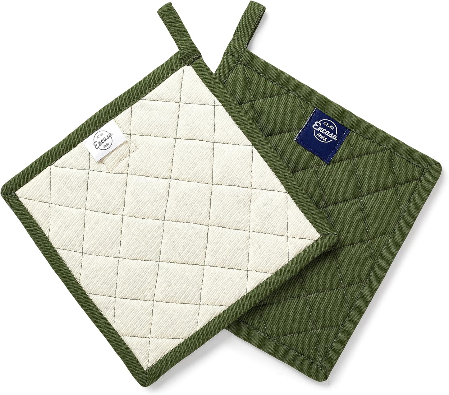 Encasa XO Heat Resistant Cotton Pot Holders with Hanging Loop - Set of 2 - Leaf Green - Multipurpose Quilted Everyday Hot Pad for Kitchen, Camping, BBQ & Microwave - 8x8 in
