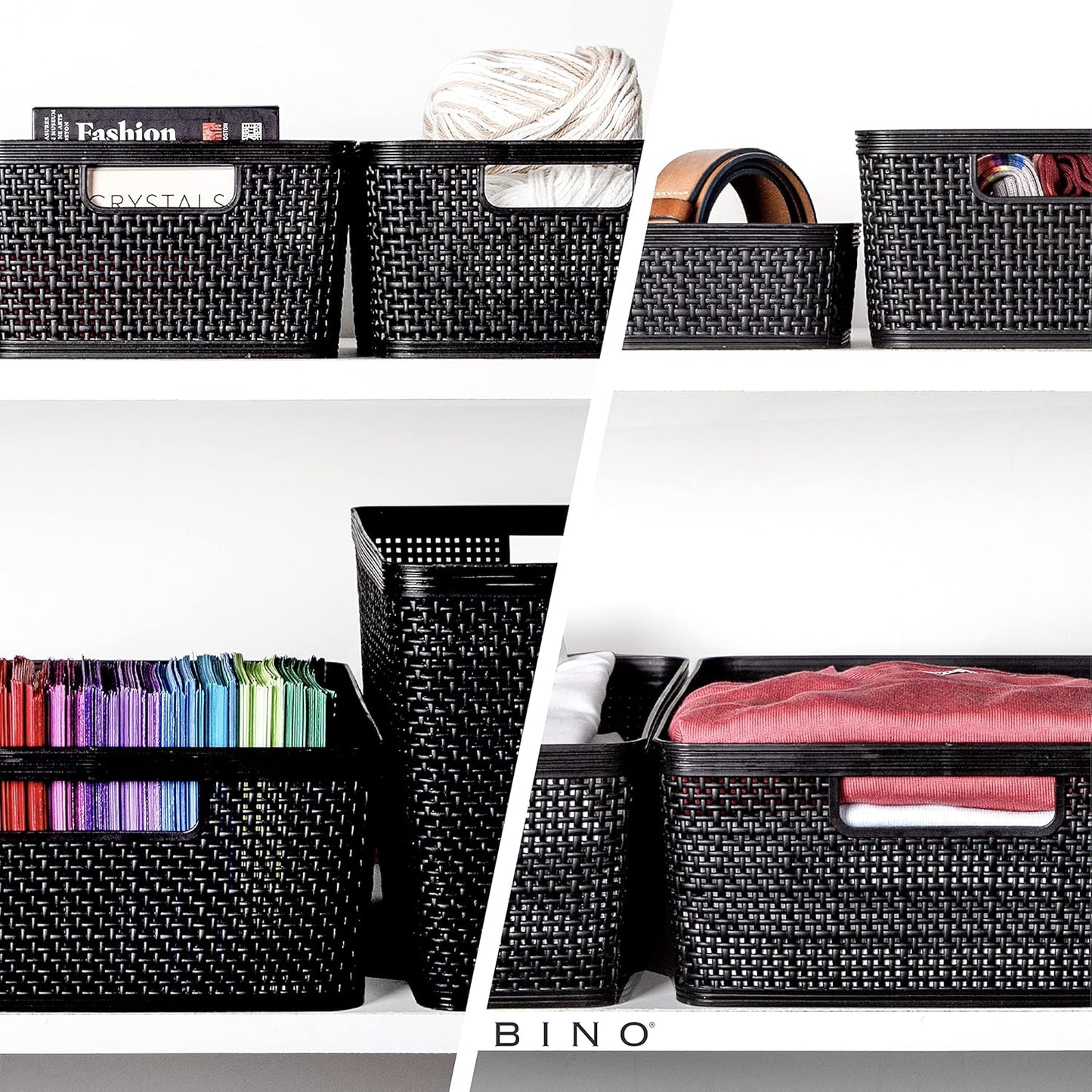 BINO | Woven Plastic Basket | Large (Black), 3-Pack | THE JUTE COLLECTION | Home Organization, Space - Saving Storage, Stylish Design | Jute Basket | Plastic Storage Basket