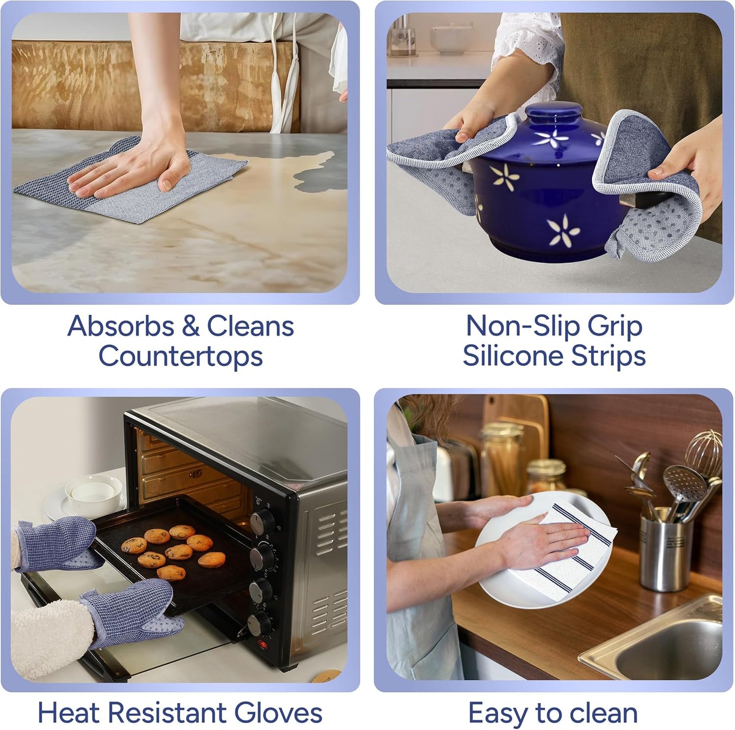 Casa Platino Mini Oven Mitts Set, 8-Piece – 500°F Heat Resistant Silicone Oven Mitts, Potholders for Kitchens, 2 Kitchen Towels & 2 Dish Cloths – Non-Slip & Durable – Indigo