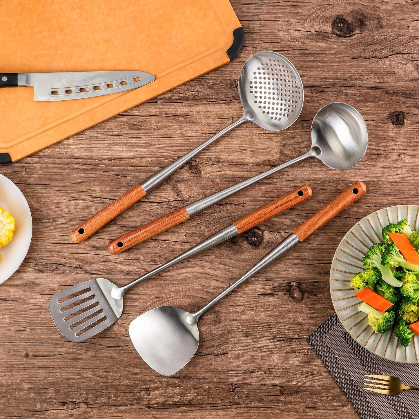 FJNATINH 17inch Wok Spatula and Ladle, Skimmer Spoon, Slotted Turner Spatula Set 304 Stainless Steel Kitchen Utensils Sets, 4-Pieces Cooking Utensils Tools Wok Accessories