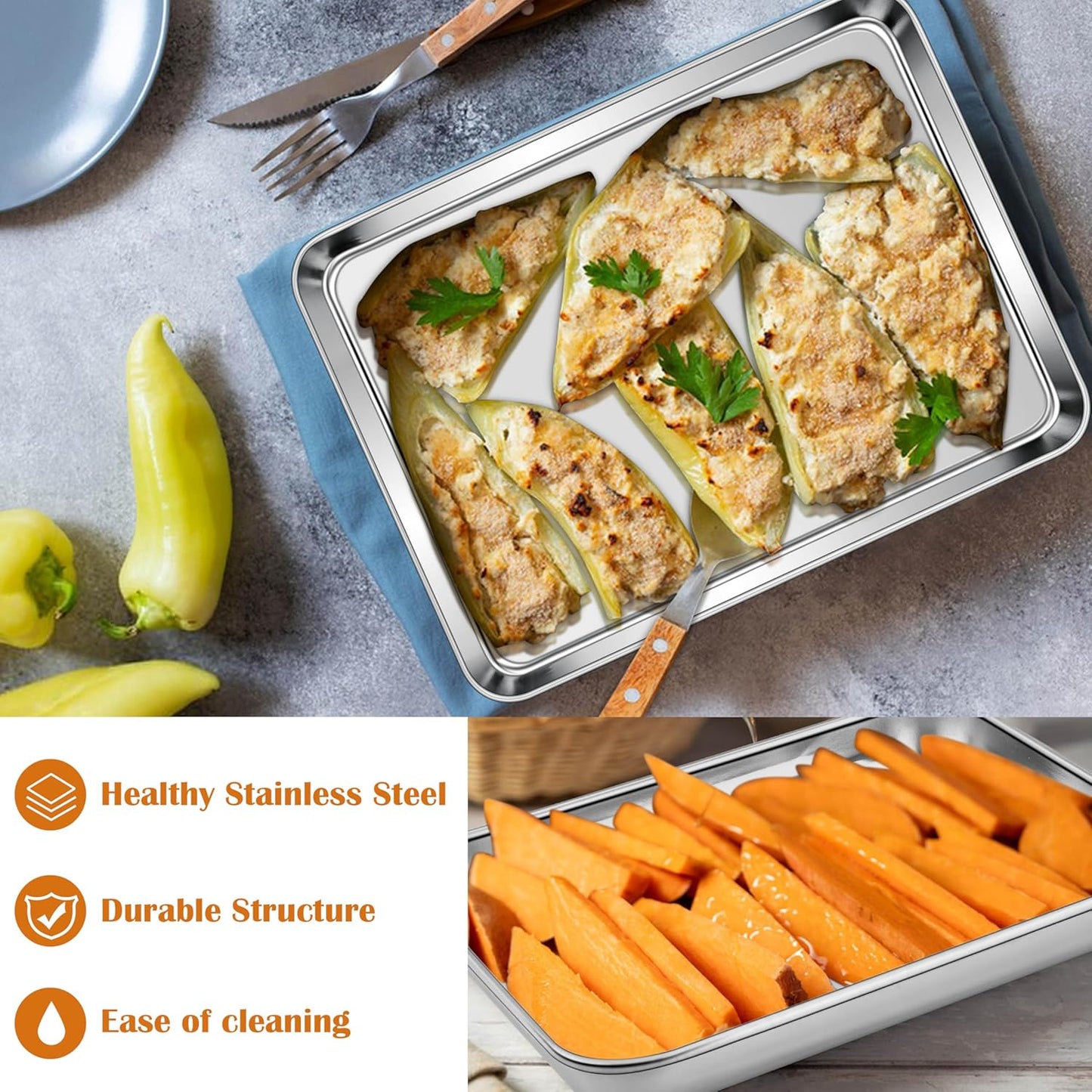 E-far Toaster Oven Tray, 10.5”x8.3” Stainless Steel Small Baking Cookie Sheet, Compact Non-toxic Metal Baking Pan for Cake, Healthy & Rust Free, Mirror Finish & Dishwasher Safe, 1 Pack