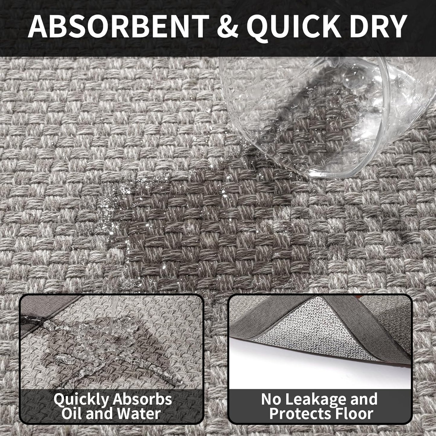 Kitchen Mats for Floor, Rubber Backing Kitchen Rugs Non Slip Washable, Super Absorbent Jute-Like Braid Kitchen Runner Rug Sink Mat Standing Mat, Easy to Clean, Gray 17"x30"