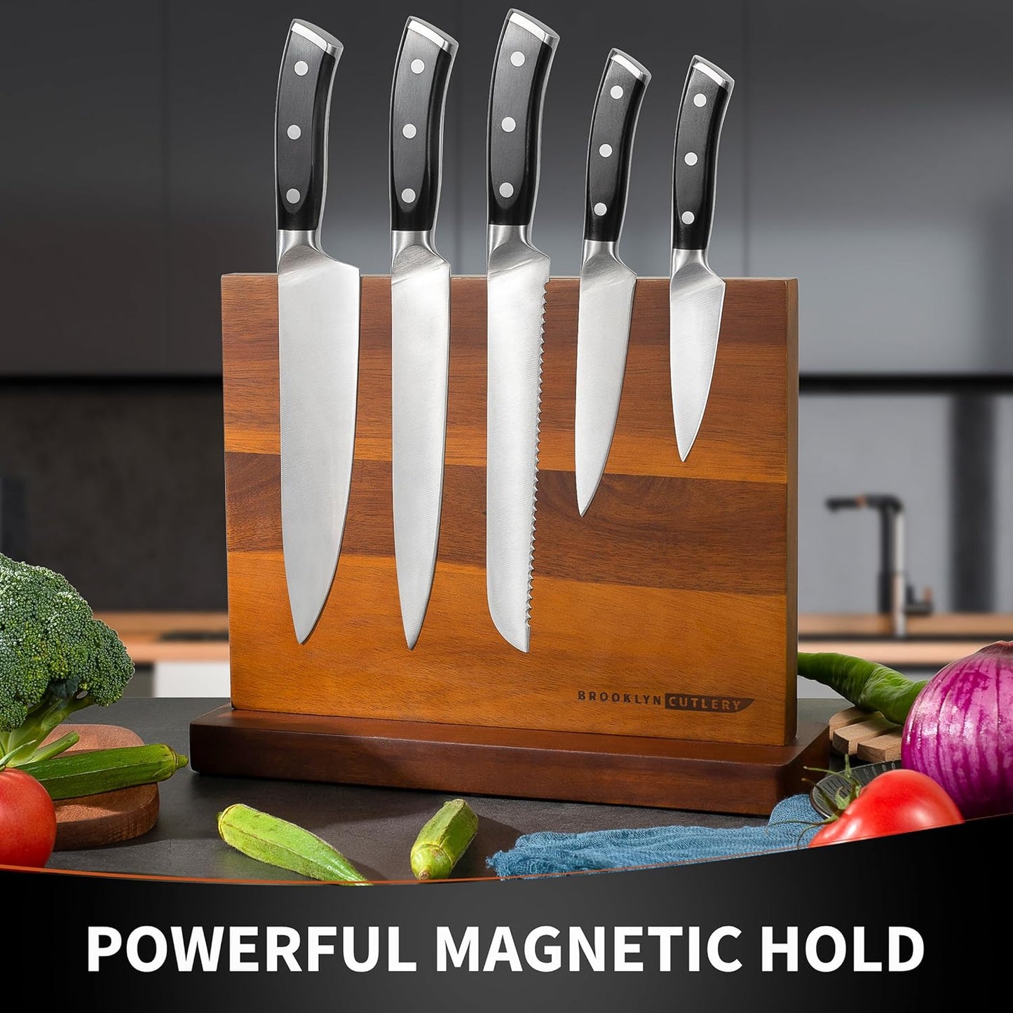 Magnetic Knife Block, Acacia Wood Magnetic Knife Holder for Kitchen Counter Universal Knife Block Without Knives (12 x 10)