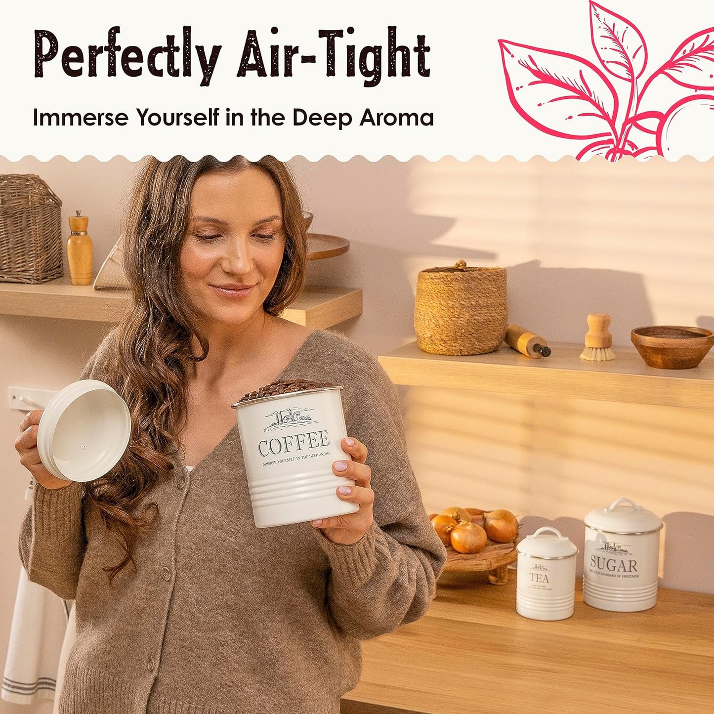 Kitchen Canisters for Countertop - Set of 3 - Airtight Coffee Tea Sugar Container Set - Country Rustic Farmhouse Canisters Sets for the Kitchen