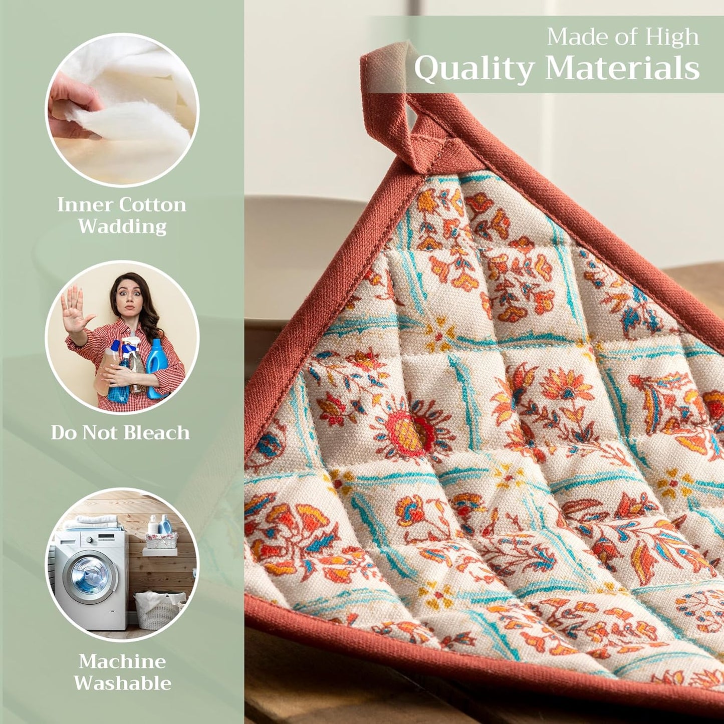 Maison d' Hermine Pot Holders Set 100% Cotton Heat Resistant Potholders 8" x 8" Hot Pads with Loop BBQ, Cooking, Baking, Grilling, Kitchen, Handling Hot Pans (Pack of 2, Romane)