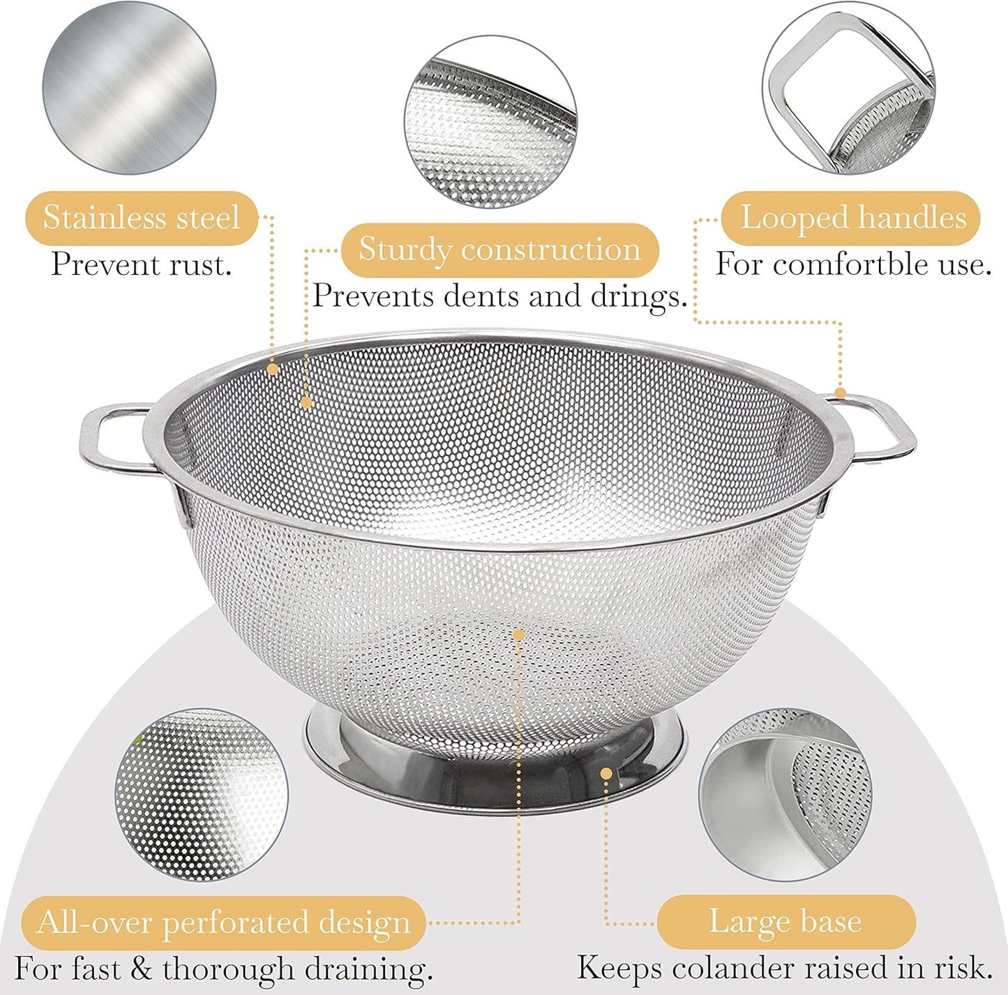 Bellemain Colander for Kitchen – 5 Qt Stainless Steel Strainer with Handle - 18/8 Pasta Strainer Bowl for Pasta, Spaghetti, Vegetables, Fruit, and Pot Draining - Stainless Steel Colander