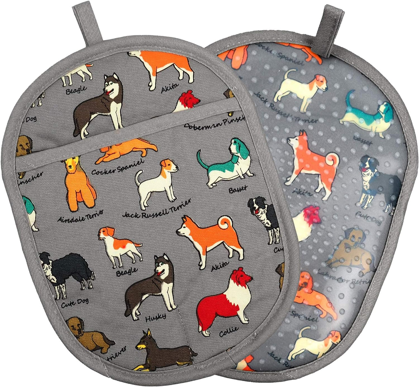Pot Holders Set of 2 with Transparent Clear Silicone Shell and Nice Dog Printing Cotton Lining, Heat Resistant to 500 F Kitchen Oven Gloves Pot Holder for Cooking (Dog Flower, Potholders)