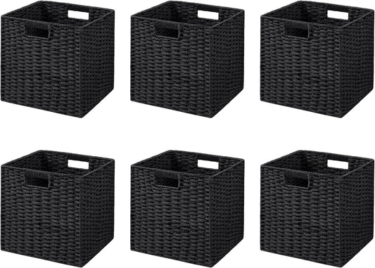 UBBCARE 6 Pack Wicker Basket, 11L×11H×10.5W inch Woven Paper Rope Storage Baskets for shelves, Foldable Cube Storage bin with Handle, Storage Basket for Organizing & Decor, Black
