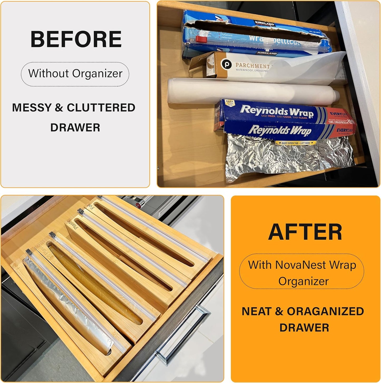 Wrap Organizer Dispenser with Cutter, (2 Piece Set), Fits 12" Rolls, Plastic Wrap, Aluminum Foil, Wax Paper, Saran Wrap, Cling Wrap Holder for Kitchen Storage, Mountable, Bamboo
