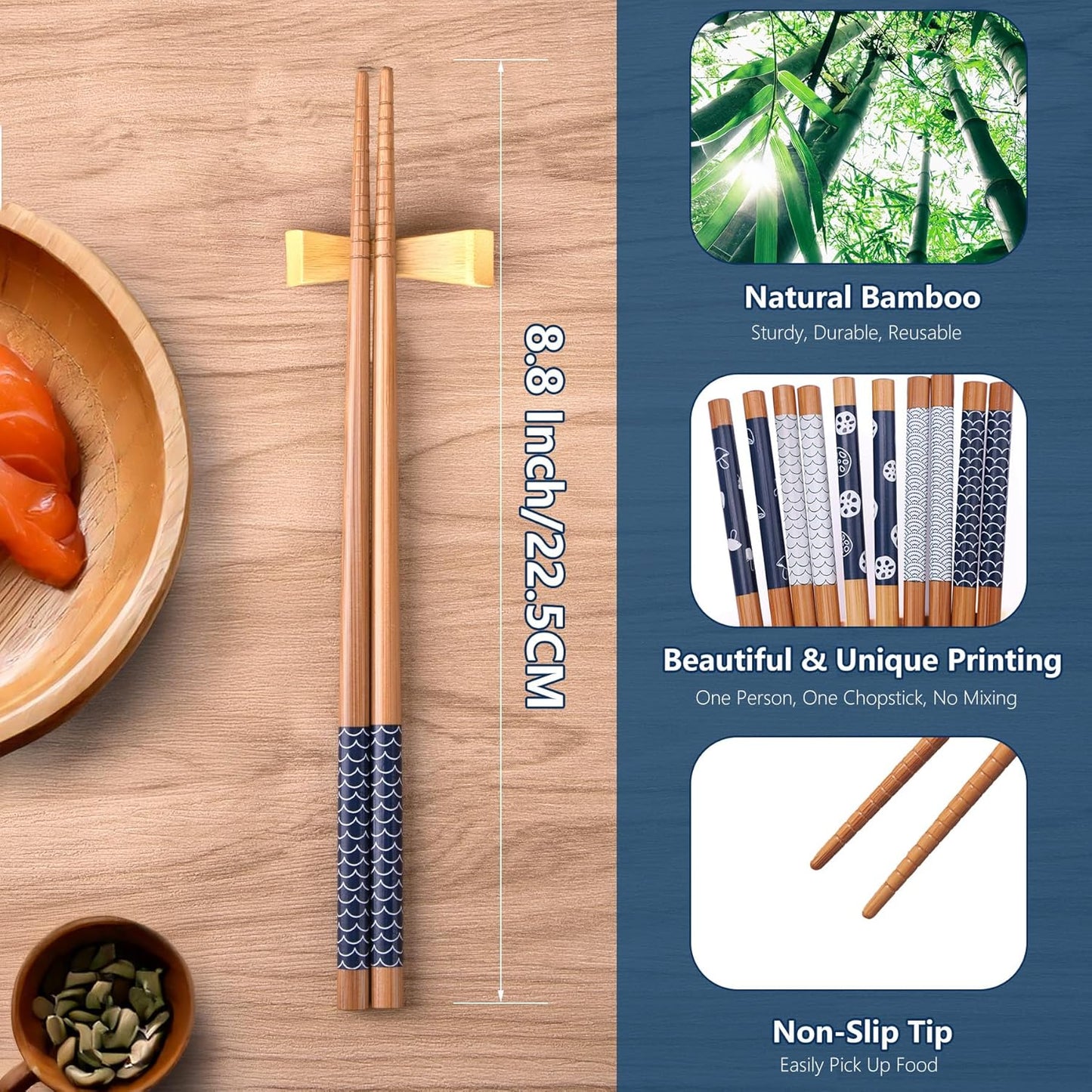 Antner 5 Pairs Bamboo Chopsticks Reusable Chop Sticks Japanese Style Bamboo Chopstick with Black Box Lightweight 8.8 Inch/22.5cm Non-Slip Chopsticks Gift Set