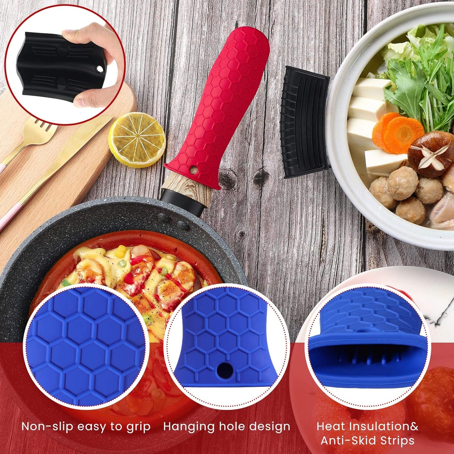 Patelai 8 Pcs Silicone Pot Holders Set Cast Iron Handle Cover Heat Resistant Pot Handle Covers Potholder Non Slip Reusable Pan Sleeve for Frying Pan Kitchen Supplies(Blue, Red, Green, Black)