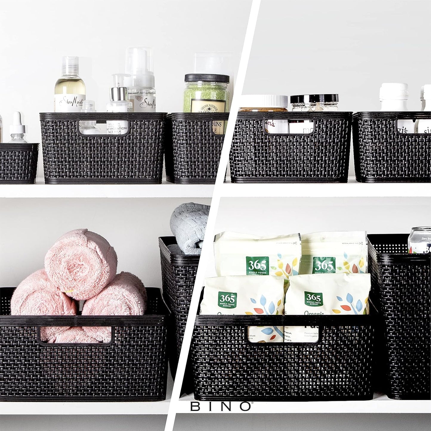 BINO | Woven Plastic Basket | Medium (Black), 4-Pack | THE JUTE COLLECTION | Home Organization, Space - Saving Storage, Stylish Design | Jute Basket | Plastic Storage Basket