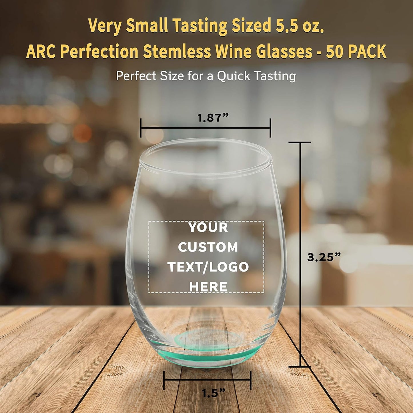 Custom Stemless Wine Glasses by ARC 5.5 oz. Set of 50, Personalized Bulk Pack - Perfect for Hotel, Bar, Restaurant or Lounge - Green