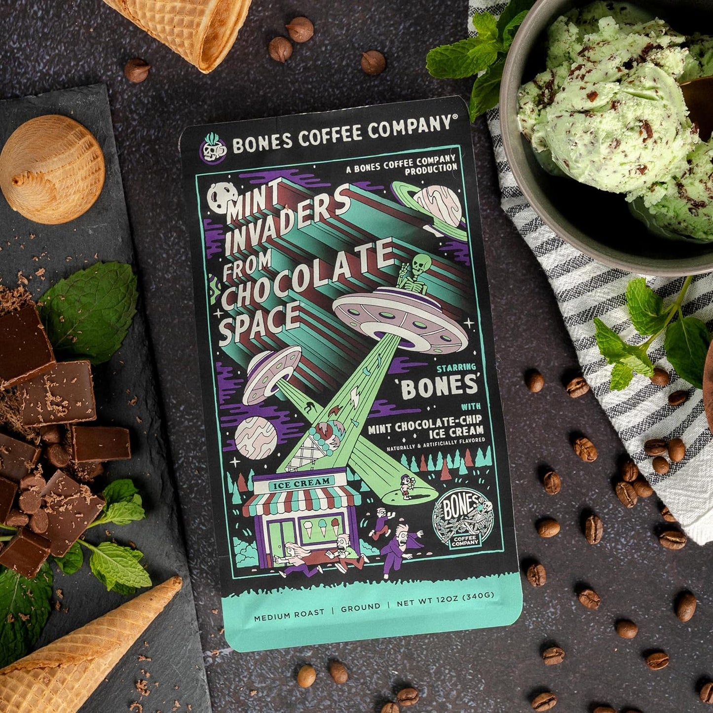 Bones Coffee Company Mint Invaders, Mint Chocolate Chip Flavored Coffee, Medium Roast Low Acid Arabica Beans Compatible with Auto drip and French Press Coffee Maker, 12 Oz Ground