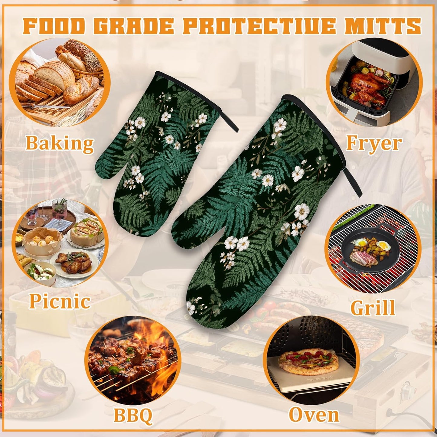 Herbal Fern Flowers Oven Mitts and Pot Holders Set,Kitchen Decor Heat Resistant Non Slip Hot Pads and Oven Mitt for Chef Cooking Baking BBQ Mom Girl Gifts(4 Piece Set)