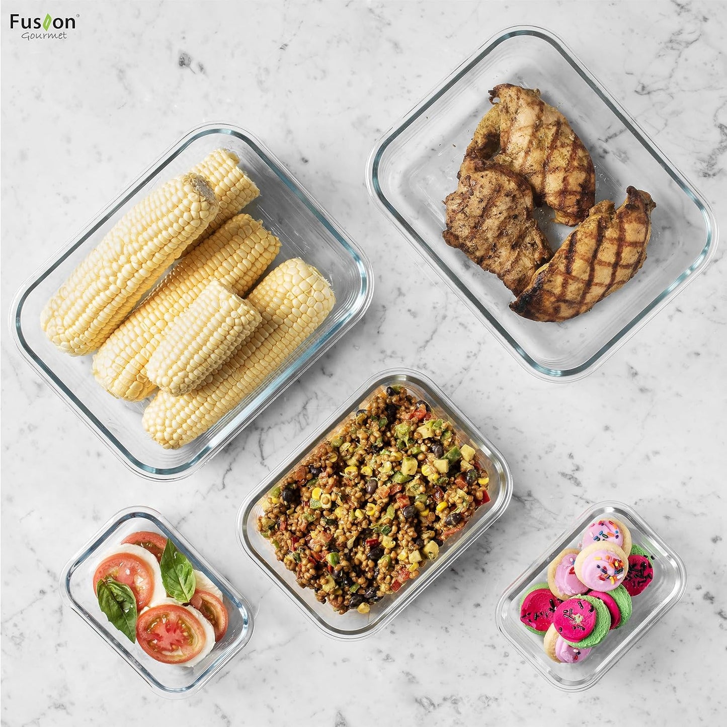 Fusion Gourmet Large Glass Food Storage Containers with Lids [5 Pack, 72 oz, 9 Cup], Airtight, Leakproof, Microwave and Oven Safe Borosilicate Glass