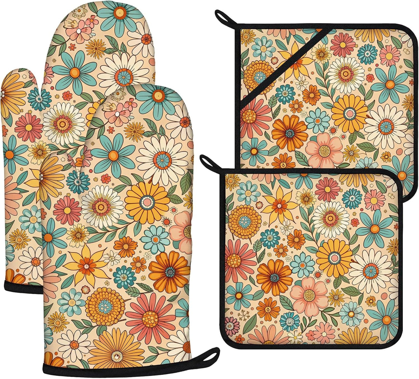 Boho Floral Oven Mitts and Pot Holders Sets 4Pcs,Extra Long Oven Gloves Potholder for Kitchen Cooking Baking BBQ 100% Cotton Heat Resistant