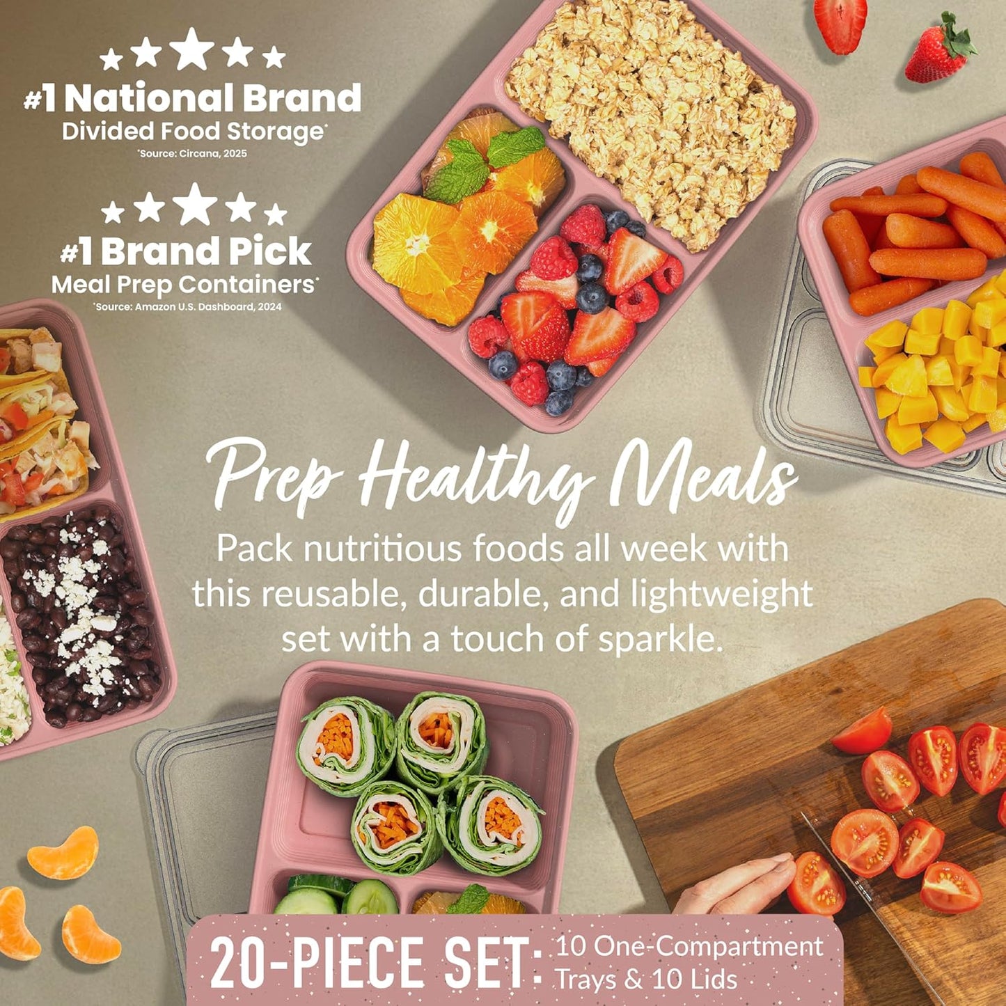 Bentgo Prep - 20-Piece 3-Compartment Reusable Meal Prep Containers with Lids, PFAS & BPA Free Materials, Durable, Microwave, Freezer, & Dishwasher Safe To Go Food Storage (Rosette Glitter)