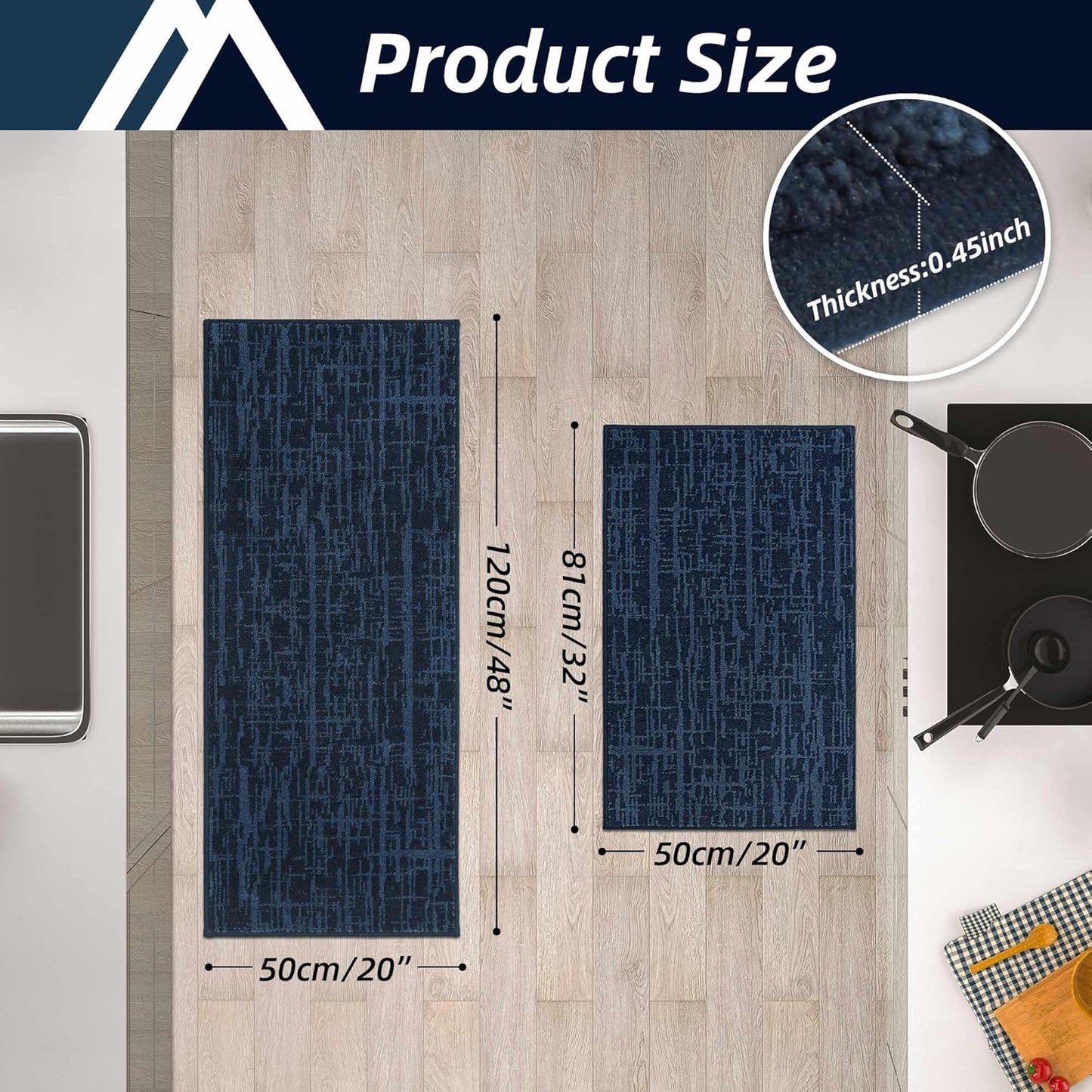 COSY HOMEER Kitchen Rugs 20"x32"+20"x48" Absorbent Soft Kitchen Mats for Floor Non Slip Kitchen Runner Rug Polyester Washable Kitchen Floor Mats for Sink Mat,Hallway,Laundry,Navy Blue