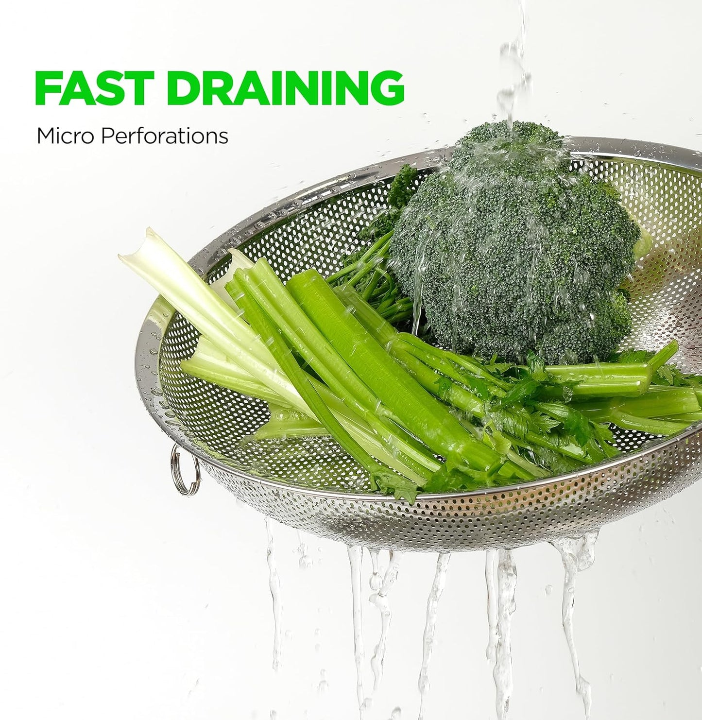 Premium 18/8 304 Stainless Steel Large Colander Set of 3, Comfortable Micro-Perforated Shallow Strainers, 5.5-7-10 Quart Tray Set, Self-Draining Solid Base for Pasta, Fruits, Vegetables