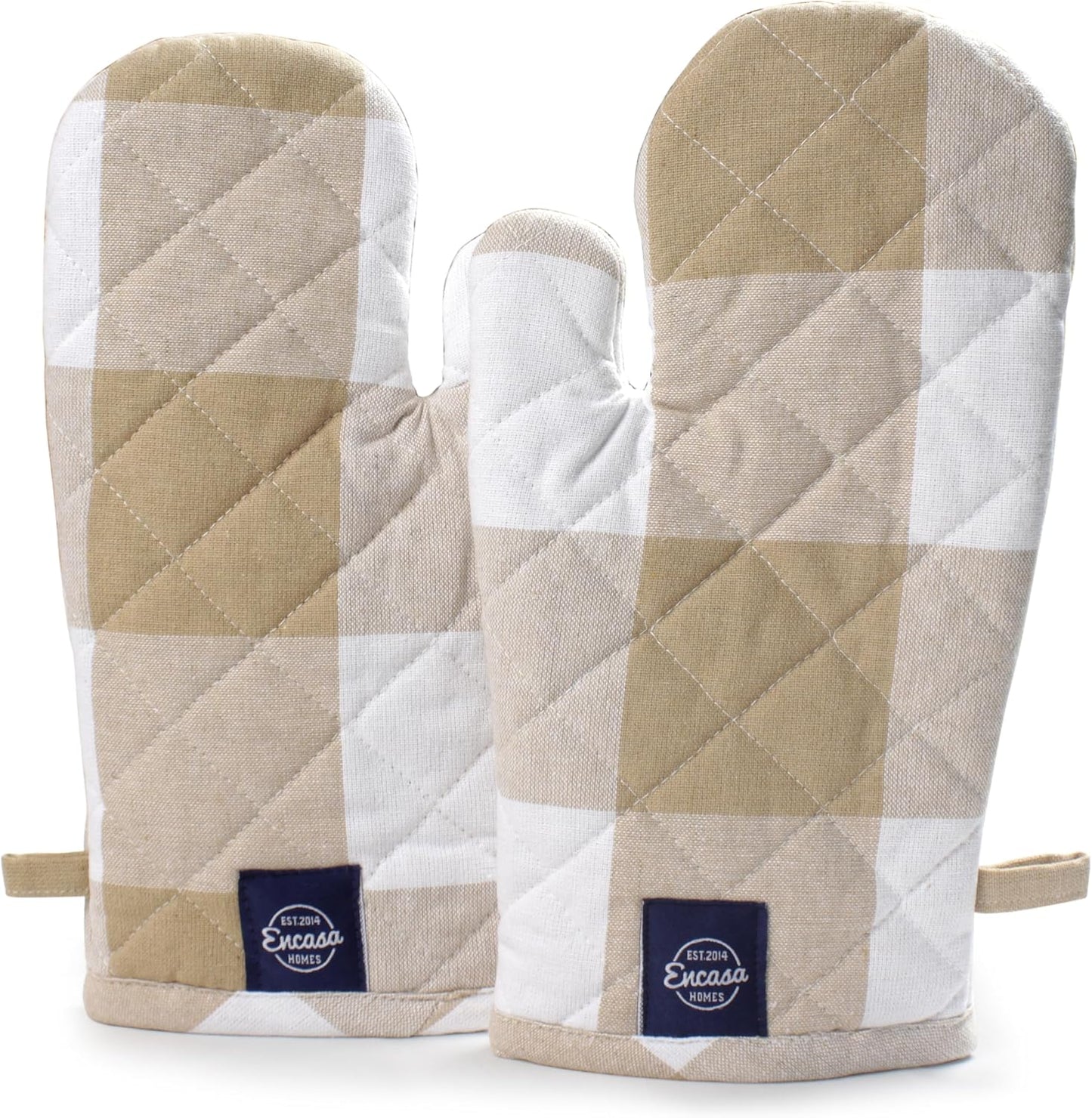 Encasa XO Long 12"x7" Oven Microwave Hand Gloves Mitts (2 pc Set) for Kitchen Cooking & Baking - Heat Resistant, Thick & Safe, Protection of Hands from Hot Utensils - Buffalo Beige Checks