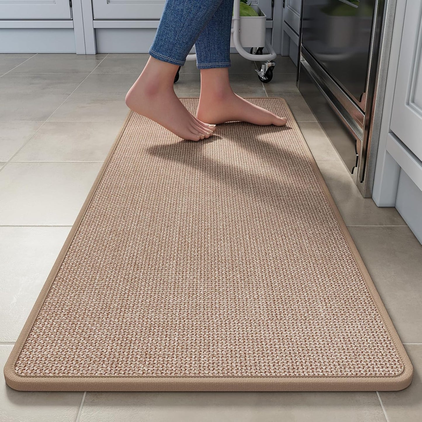 Kitchen Mats for Floor Kitchen Rugs Non Slip Washable, Super Absorbent Oil and Water Linen-Look Woven Runner Rug, Kitchen Sink Mat Standing Mat, Brown 17"x47"