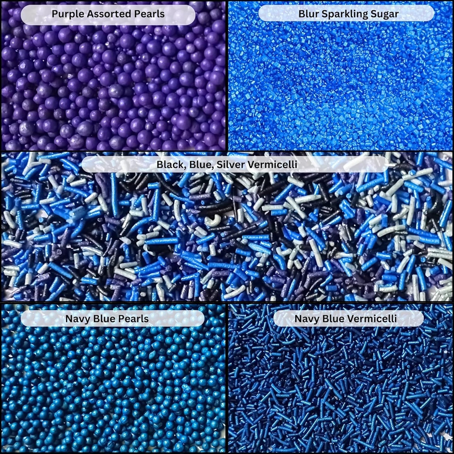 Confect Edible Cake Sprinkles – Decorating Mix | Navy & Blue Purple Pearls, Silver & Black Jimmies, Blue Sparkling Sugar | Sprinkles for Cake, Cupcake & Cookie Decoration - Vegan, Gluten-Free, Nut-Free, Soy-Free, Dairy-Free, Palm Oil-Free-5 Oz