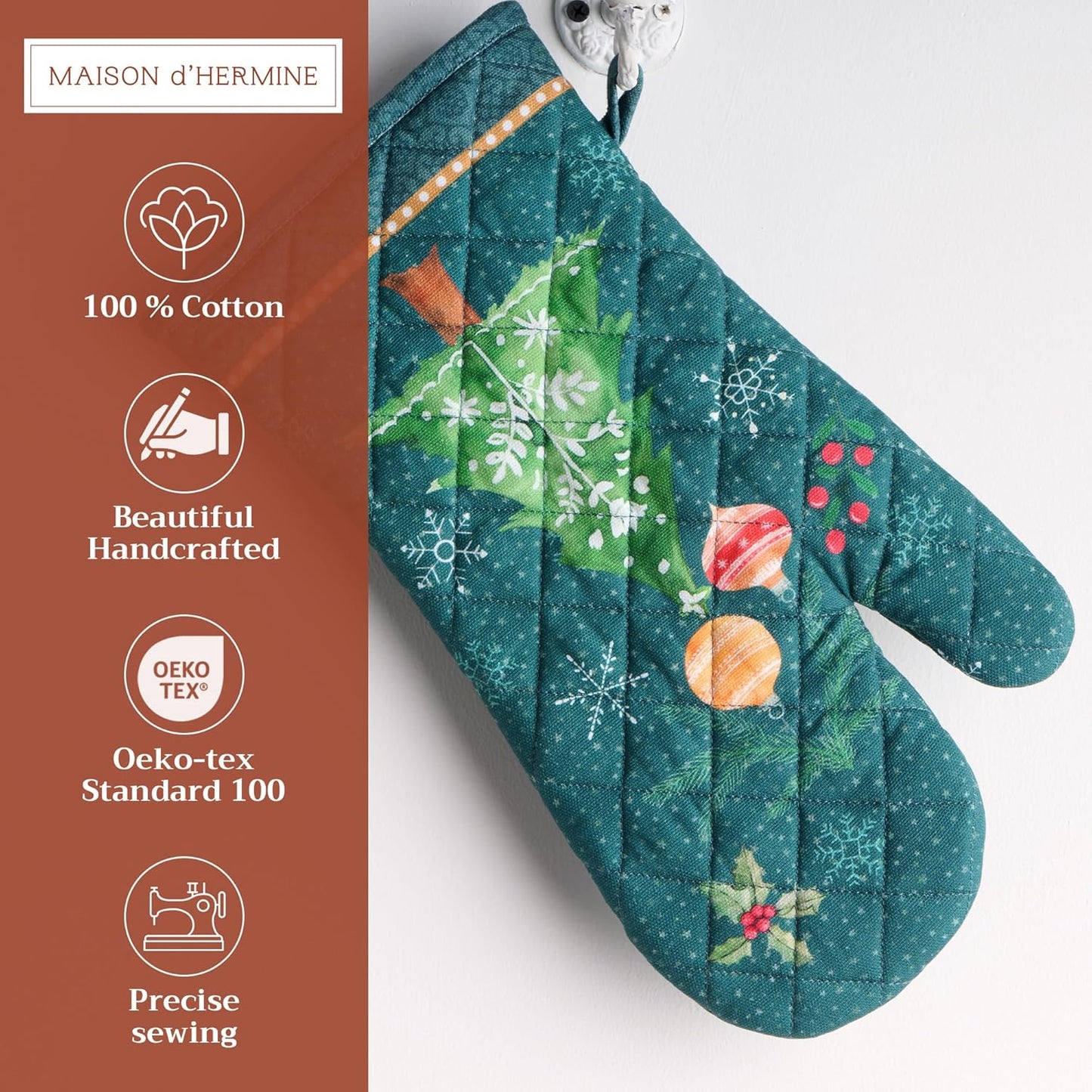 Maison d' Hermine Oven Gloves 100% Cotton Oven Mitt 7" x 13" with Loop Heat Resistant, BBQ, Cooking Gloves, Baking, Grilling, Kitchen, Handling Hot Pans (Pack of 1, Hygge Christmas)