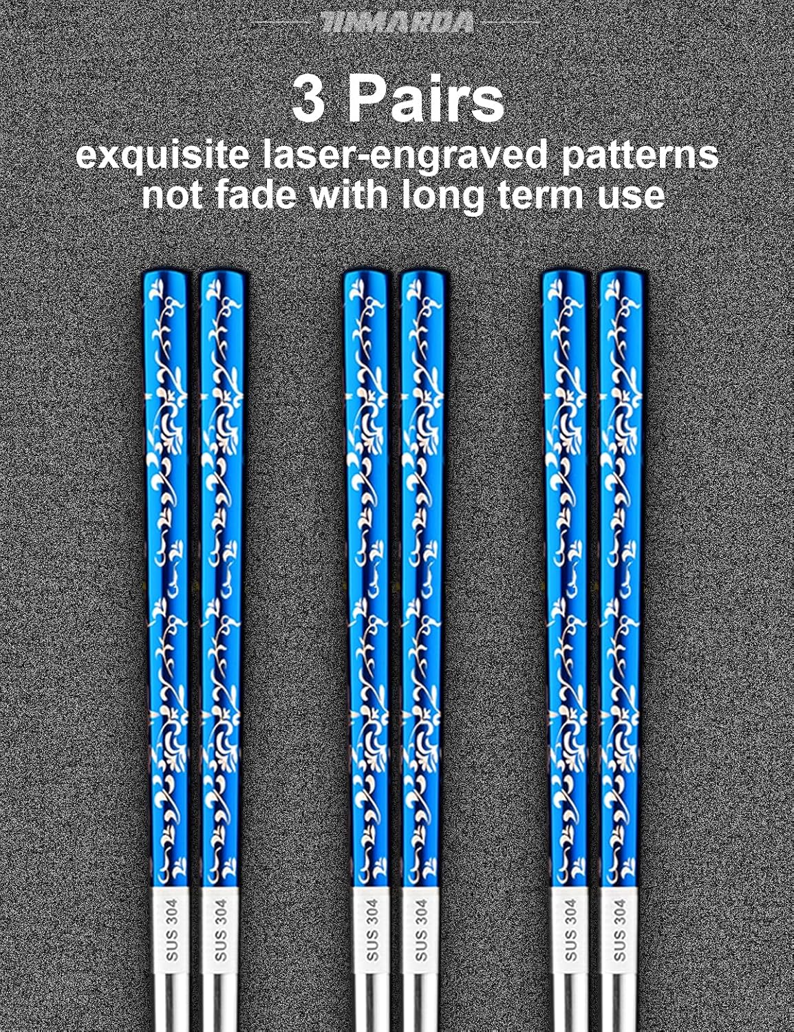 Metal Chopsticks Reusable, 3 Pairs Non-Slip Chop Sticks Reusable Dishwasher Safe, Titanium Plated Stainless Steel Chopsticks Present Set (Blue Silver)