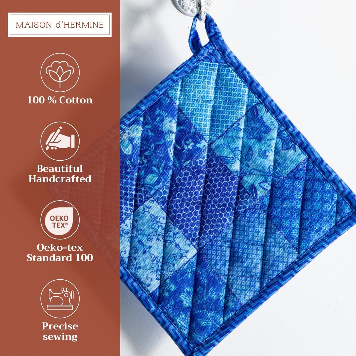 Maison d' Hermine Pot Holders 100% Cotton Heat Resistant Potholders 8" x 8" Hot Pads with Loop BBQ, Cooking, Baking, Grilling, Kitchen, Handling Hot Pans Spring/Summer (Pack of 1, Indigo Love)