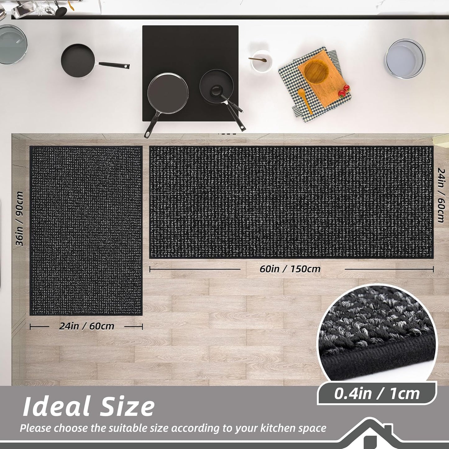 BEQHAUSE Kitchen Rugs and Mats 2PCS, Non-Slip Kitchen Mats for Floor, Absorbent and Stain Resistant Kitchen Runner, Machine Washable Rugs for Kitchen, Laundry & Sink, 24"x36"+24"x60", Black