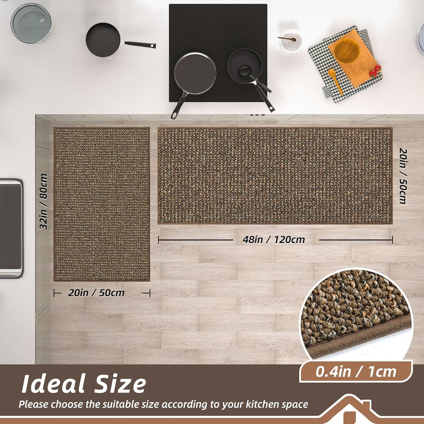 BEQHAUSE Kitchen Rugs and Mats 2PCS, Non-Slip Kitchen Mats for Floor, Absorbent and Stain Resistant Kitchen Runner, Machine Washable Rugs for Kitchen, Laundry & Sink, 20"x32"+20"x48", Brown