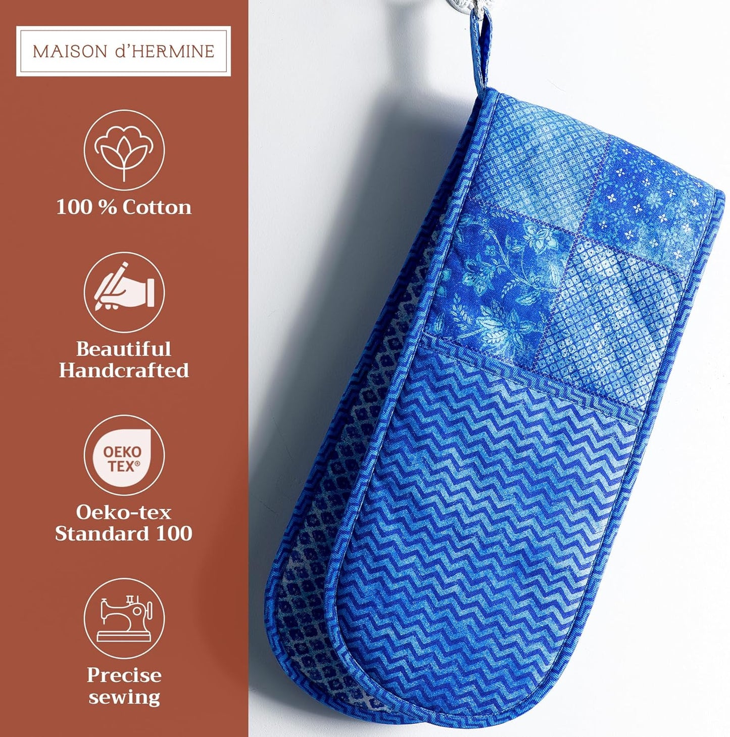 Maison d' Hermine Double Oven Mitts 100% Cotton 7"x35" Double Oven Mitt Heat Resistant BBQ Cooking Gloves with Loop, Baking, Grilling, Home, Kitchen, Handling Hot Pans Spring Summer (Indigo Love)