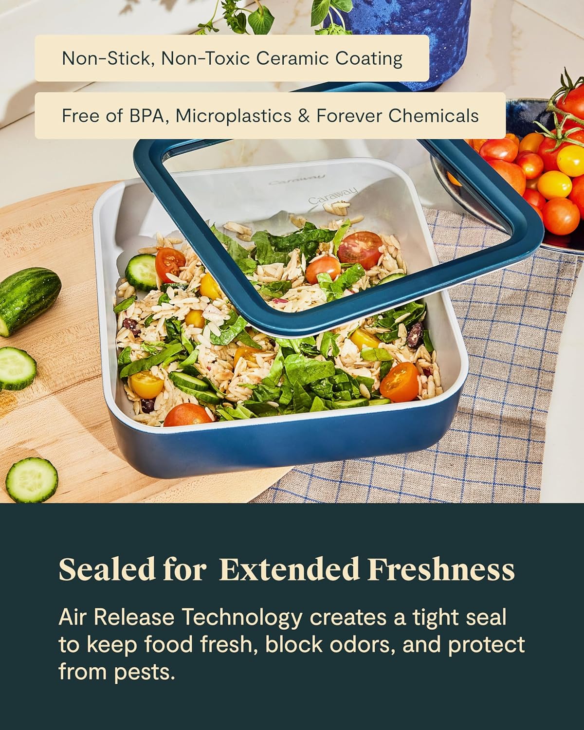 Caraway Glass Food Storage, 10 Cup Glass Container,Ceramic Coated Food Container,Easy to Store, Non Toxic, Non Stick Lunch Box Container with Glass Lids. Dishwasher, Oven,Square Shape,Cream