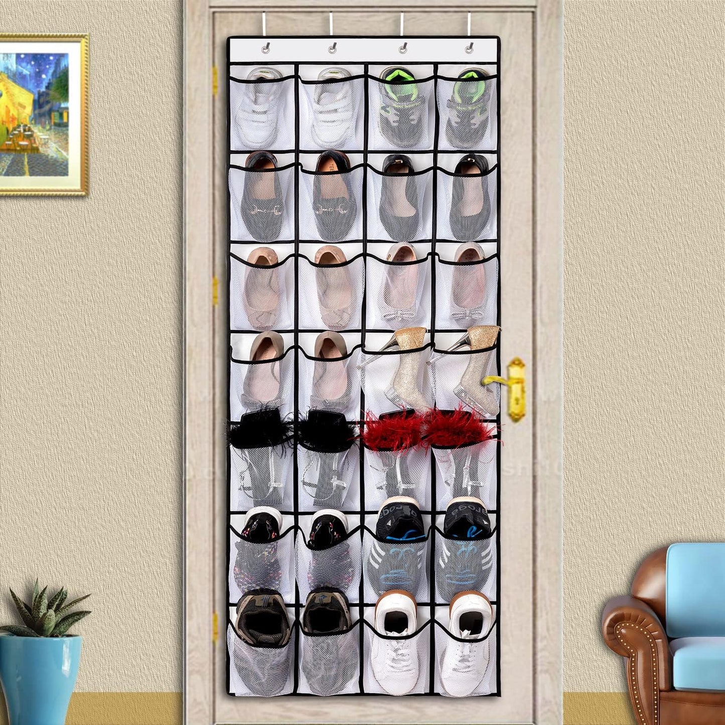 REGELETO 2 Pack 28 Pocket Over the Door Shoe Organizer, Hanging Shoe Rack for Door Large Capacity Shoe Organizer Holder with 4 Metal Hooks (White-2Pack)